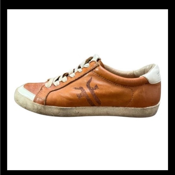 Frye Women’s Leather Low Top Sneakers 6.5M Tan Brown Logo Distressed Casual Shoe - Picture 3 of 11